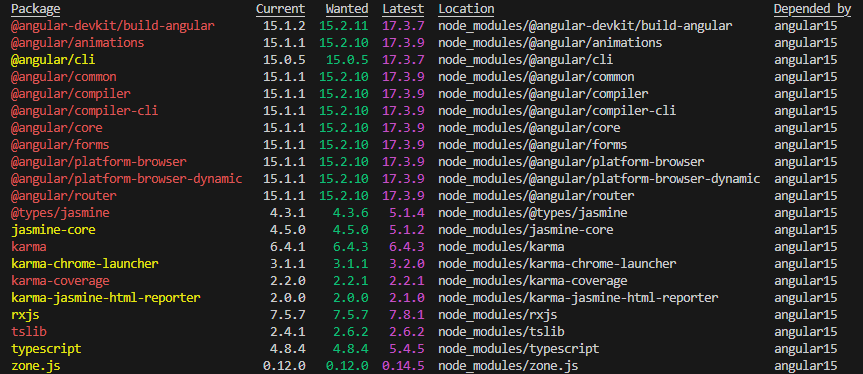 npm outdated con librerías desactualizadas